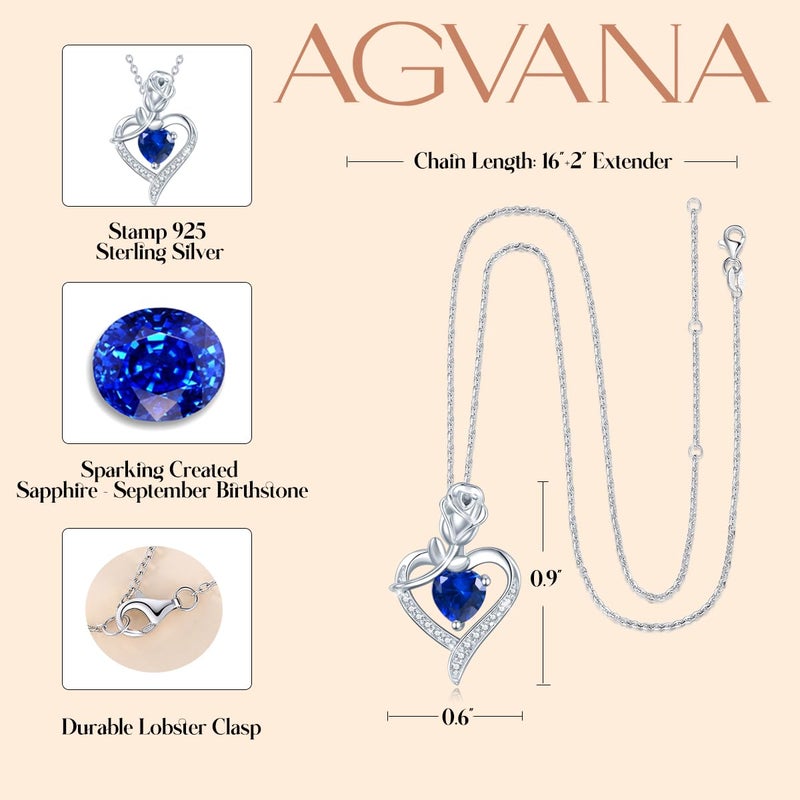 AGVANA September Birthstone Jewelry Sapphire Necklace for Women Sterling Silver Rose Flower Heart Pendant Necklace Fine Jewelry Anniversary Birthday Gifts for Women Wife Lady Her - Image 5